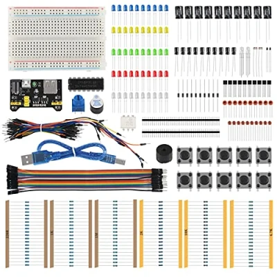 Image of AITRIP New Electronics Basic Kit w/Power Supply Module, 400 Points Solderless Breadboard, Jumper Wire, LED,Resistor,Compatible with Arduino, Raspberry Pi, STM32