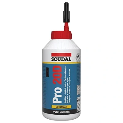 Image of Soudal Pro 20D Ultra Fast Water Resistant, PVA D2 Wood, Solvent free Timber Adhesive Suitable for Bonding Chip Board, Veneer and Mounting of Soft Wood 750g White