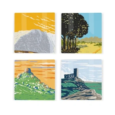 Image of South of England Ceramic Coaster Set Cornwall Dorset Somerset Devon Landmarks/Landscapes Square Four (4) Coasters Gift