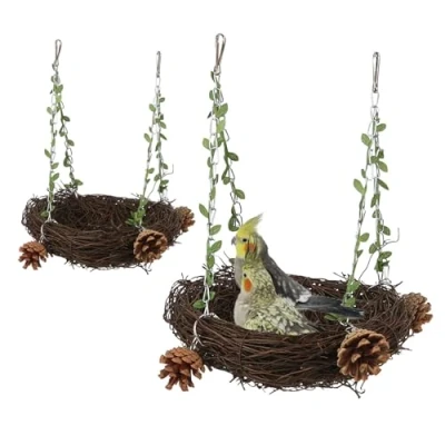 Image of Weddflower Bird Nest Swing Bed Toy 2Pcs Natural Rattan Parrot Cage Hammock Stand for Parakeet Cockatiel Cockatoo