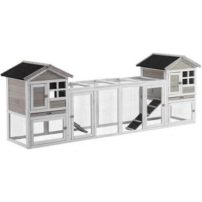 Image of PawHut 2 In 1 Wooden Rabbit Hutch w/Double House, Run Box, Slide Out Tray, Ramp