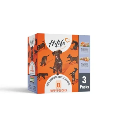 Image of HiLife Puppy Wet Dog Food, Mixed Chicken Recipes, Complete Food Pouches, 100% Natural ingredients, Tender with Wholegrain Rice &amp; Vegetables (24 x 150g Pouches)