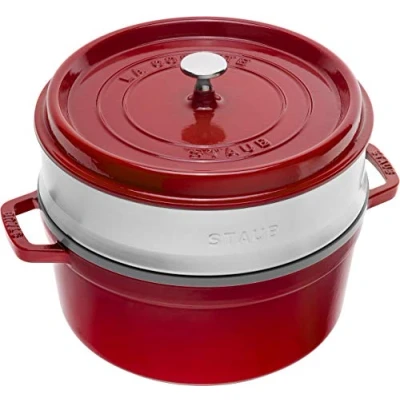 Image of Staub 1004352 Cast Iron Roaster/Cocotte, With Steam Insert, Round 26 cm, 5.2 L, Matte Black Enamel Inside the Pot, Cherry Red