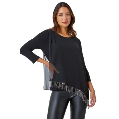 Image of Roman Originals Asymmetric Hotfix Detail Overlay Tunic Top for Women UK Ladies Everyday Autumn Winter Round Neckline Comfy Soft Evening Vacation Work Party Night Out Black Size 10