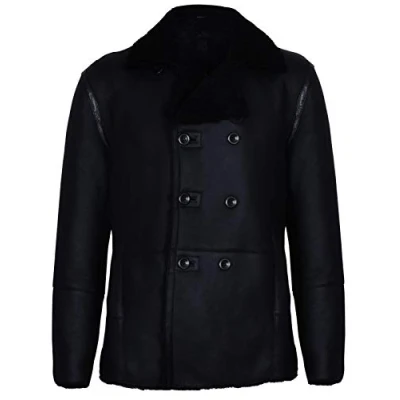 Image of Mens Black German Double Breasted Real Sheepskin Shearling Leather Jacket Coat L