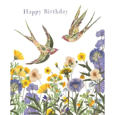 Image of Female Birthday Card General for Women/For Her Meadow Swallows Pressed Flowers Artistic Wildpress Design by Helen Ahpornsiri Made in the UK