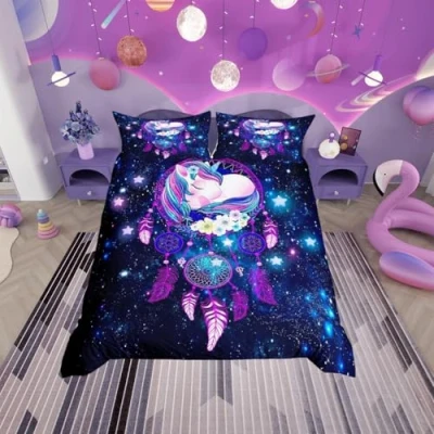 Image of Unicorn Bedding Set Cartoon Comforter Cover for Kids Boys Girls Teens Cute Animal Decor Double Size Duvet Breathable Boho Dream Catcher Galaxy Bedspread Room