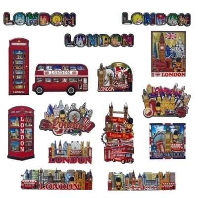 Image of LILAJ Set of 12 London Souvenir Wooden Fridge Magnets Iconic Landmarks: Big Ben Tower Bridge, Eye, Red Phone Box, Bus, Royal Guard Perfect Travel Collectibles &amp; Kitchen Decor Great Gift Idea