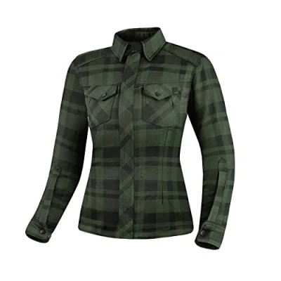 Image of SHIMA Renegade Lady 2 Motorcycle Shirt for Women Armored Plaid Biker Flannel Jacket with Kevlar by Dupont Layer, CE Back, Shoulder, Elbow Protectors, Zipper Closure (Green, XS)