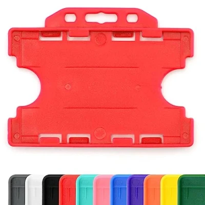 Image of CKB LTD 10x Twin Red Double Sided Rigid Slide in Open Faced ID Card Badge Holders Horizontal Landscape Dual Identity Plastic Pass Protector Holds Two Cards 86mm 54mm cr80 Credit Sized
