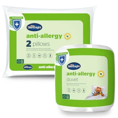 Image of Silentnight Anti Allergy 10.5 Tog Duvet and Pillow Pair Bundle All Year Round Winter Quilt &amp; Pillows Bacterial Machine Washable with UK Approved Fibres Double