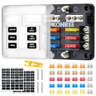 Image of Kohree 6 Way Fuse Box 12v Blade Block with LED Indicator, Circuits Holder W/Negative Bus for Automotive Car Boat Marine SUV RV Van