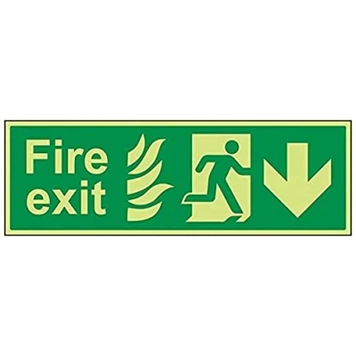 Image of V Safety Glow In The Dark NHS Fire Exit Arrow Down Sign 600mm x 200mm Rigid Plastic