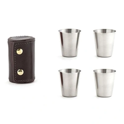 Image of Kikkerland BA59 Shot Glasses with Leather CASE, Stainless Steel, Brown, 5 Piece Set