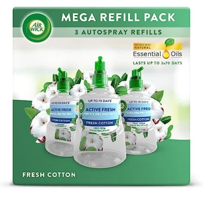 Image of Air Wick Aerosol Free Automatic freshener Spray Refill Bundle, Fresh Cotton, Pack 3 x 228ml, 24x7 Active Odour Neutraliser, Lasts Up to 210 Days, For Home