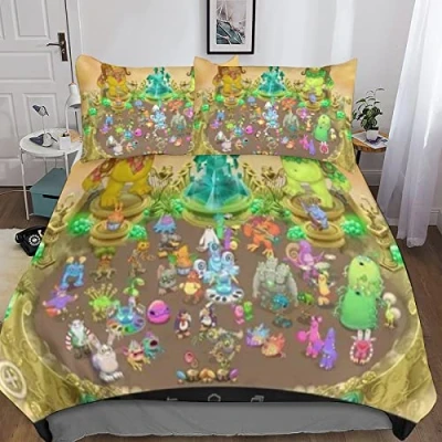 Image of KRIVS My Singing Monsters Bedding Set Duvet Cover with Zipper Closure, Quilt for Teen Kids Boys Girls Adult, Durable Microfiber 3 Piece Double（200x200cm）