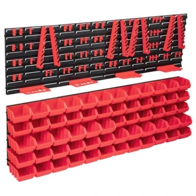 Image of vidaXL 136 Piece Storage Bin Kit with Wall Panels Red/Black Plastic for Garage, Workshop, Craftroom Organization Stackable and Customizable