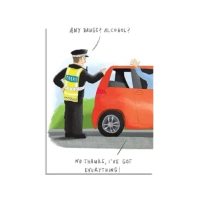 Image of Paperlink Open Humorous Blank Greeting Card &#039;Got Everything&#039; Police Officer and Car Illustration From The Bemusement Park Range Suitable For Birthdays Other Occasions Him/Her