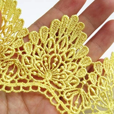 Image of 2 Yard Flower Lace Edge Trim Ribbon 7 cm Width Vintage Style Edging Trimmings Fabric Embroidered Applique Sewing Craft Wedding Bridal Dress Embellishment DIY Party Decor Clothes Embroidery (Yellow)