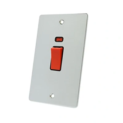 Image of Alliance Electrical FPCCSWBLT Polished Chrome Flat 45A Tall Black Insert 45 Amp DP Cooker Switch w/Neon Indicator 2 Gang Plate, 240 V