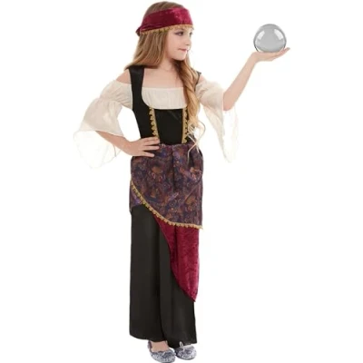 Image of Smiffys Deluxe Fortune Teller Costume, Multi Coloured with Dress &amp; Headscarf, Girls Fancy Dress, Witch Up Costumes