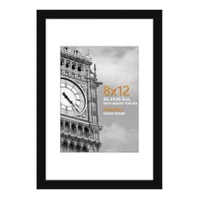 Image of HoziRes Picture Frames 8 x 12 inch, Wooden Photo with Mount in Black, Set of 1 for Tabletop and Wall Mounting, 20 30cm Poster Printing