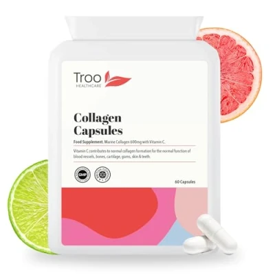 Image of Troo Marine Collagen Supplement 60 High Strength Capsules 1200mg Serving Hydrolysed Peptides with Vitamin C to Support Healthy Skin UK Manufactured GMP Standards