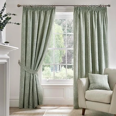 Image of Dreams &amp; Drapes Green Jacobean Curtains W66 x L72 (168 183cm) 2x Panels 100% Cotton Tie Backs Floral Pencil Pleat Vintage in Light