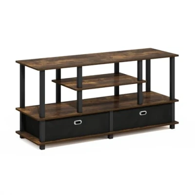 Image of Furinno JAYA Large TV Stand for Up to 55 Inch with Storage Bin, Amber Pine/Black/Black