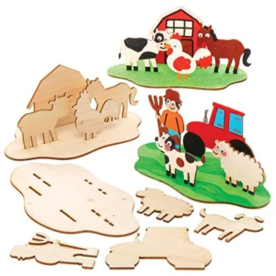 Image of Baker Ross AX101 Create Your Own Farm Wooden 3D Scene, Woodcraft Construction Kits for Kids Arts and Crafts Projects (Pack of 4), Assorted