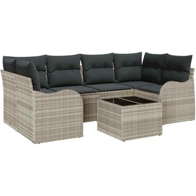 Image of vidaXL 7 Piece Garden Sofa Set with Cushions Light Grey Poly Rattan