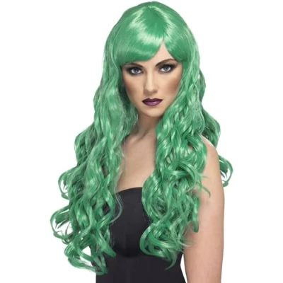 Image of Smiffys Desire Wig, Green Long, Curly with Fringe, Ladies Glamour Wigs Fancy Dress, Adult Dress Up
