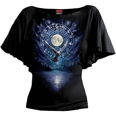 Image of Spiral Witchcraft Boat Neck Bat Sleeve Top Black XXL