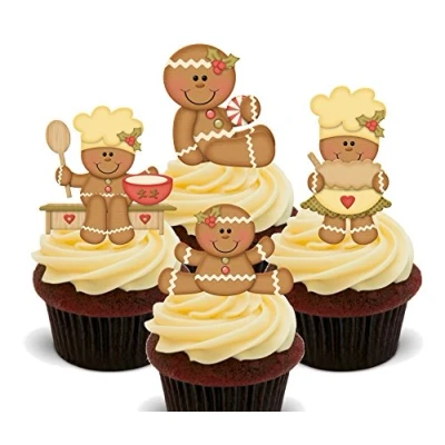 Image of Gingerbread Men and Women Baking, Edible Cake Decorations Stand up Wafer Cupcake Toppers (Pack of 24)