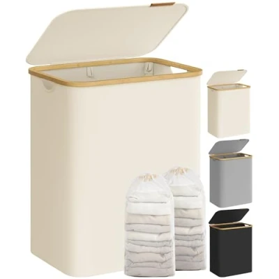 Image of SONGMICS Laundry Basket with Lid, 2 Section Large Hamper, 130L, Removable Mesh Liner, Oxford Fabric, Bamboo Handles, Collapsible, 52 x 38.5 70.5 cm, Cream White LCB513W01