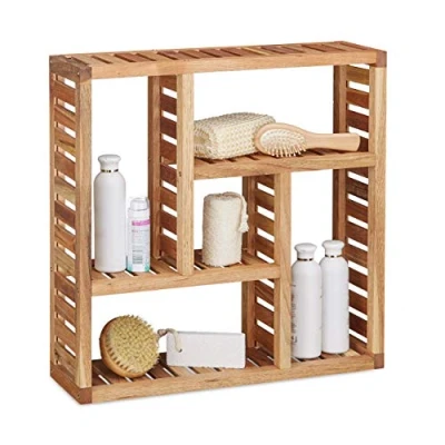 Image of Relaxdays Walnut Wall Cabinet with 5 Compartments, for The Bathroom, Hallway and Living Room, Storage Unit, Size: 50 x 15 cm, Natural Brown, 15x50x50 cm