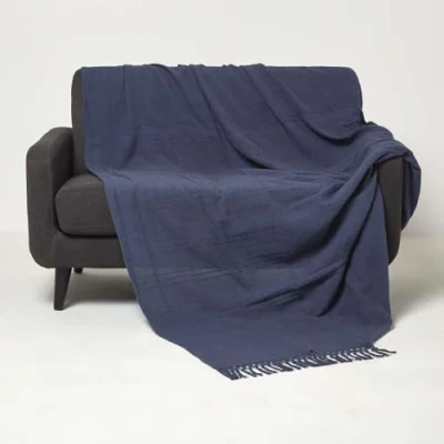 Image of HOMESCAPES Handwoven Navy Blue Throw 255 x 360 cm Textured 100% Cotton Blanket with Tassels Lightweight All Season “Kashi Bed or Sofa