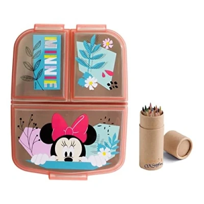 Image of OM SUPPLIES Reusable Sandwich Lunch Box 3 Multi Compartment Kids Children School Includes Half Size 12pcs Pencil Set (Minnie)
