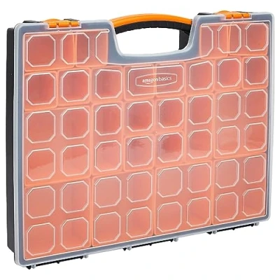 Image of Amazon Basics Professional Organiser with 19 Removable Compartments, Black,Orange, 41.91 x 33.53 6.1 cm (LxWxH)