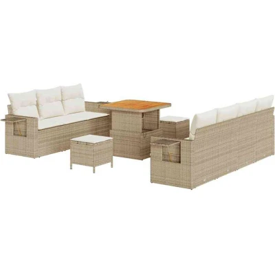 Image of vidaXL 10 Piece Garden Sofa Set with Cushions Beige Poly Rattan Acacia