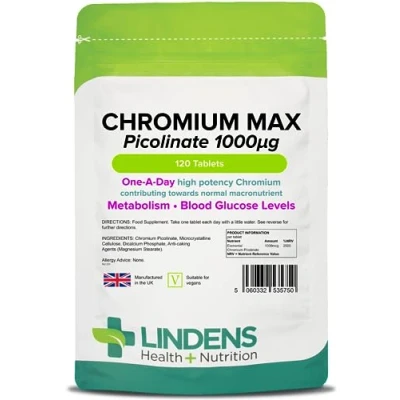 Image of Lindens Chromium Max 1000mcg Picolinate 120 Tablets UK Made 4 Months Supply Detox, Metabolism, Blood Glucose Mega Potency (2500% NRV) Letterbox Friendly, Vegan