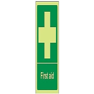 Image of VSafety 31001AG G &quot;First Aid&quot; First Aid General Sign, Glow In The Dark, 1 mm Plastic, Portrait, 100 x 150 mm, Green