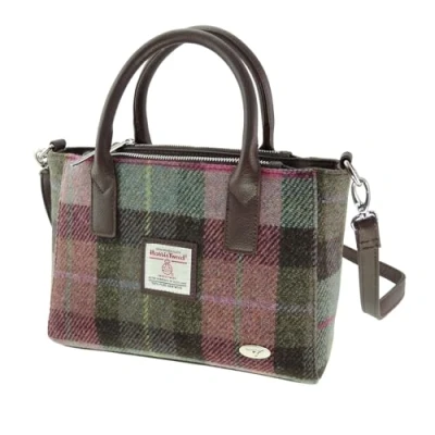 Image of Glen Appin Harris Tweed Tote Handbag LB1228 Brora With Detachable Shoulder Stap (Col 137 Green &amp; Pink Tartan)