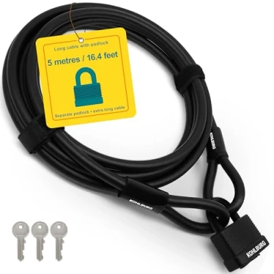 Image of KOHLBURG Cable Lock 5 Meters / 197 Long Steel m for Bicycle with Hook and Loop Fasteners 500 cm Garden Furniture &amp; as Bike Easy Locking Mechanism