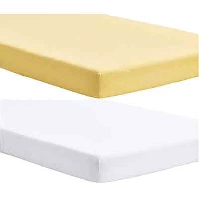 Image of Travel Cot Fitted sheet 95x65 Mattress Sheets 4 Way Stretch Soft Bedsheet Hypoallergenic Elasticated Breathable (Pack of 2, White &amp; Yellow)