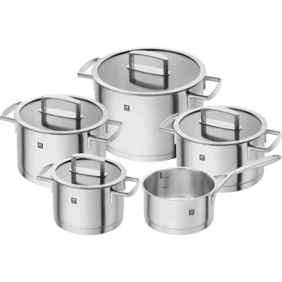 Image of Zwilling 5 piece Pot Set, with 4 Lids, Suitable for Induction, Stainless Steel, Vitality, Silver, 48 x 38 28 cm