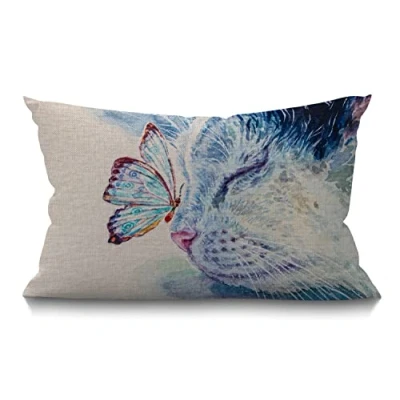 Image of BGBDEIA Cushion Cover Sleepy Cat Watercolor Butterfly Little Cute Animal Funny Lovely Pet Rectangular Throw Pillow for Couch Sofa Home Decor Cotton Linen 12x20 Inch 30 x 50 cm