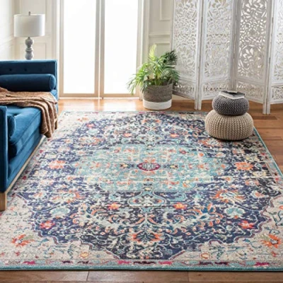 Image of SAFAVIEH Modern Chic Rug for Living Room, Dining Bedroom Madison Collection, Short Pile, in Black and Teal, 91 X 152 cm