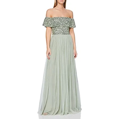 Image of Maya Deluxe Women&#039;s Green Lily Bardot Embellished Maxi Dress Bridesmaid, 8