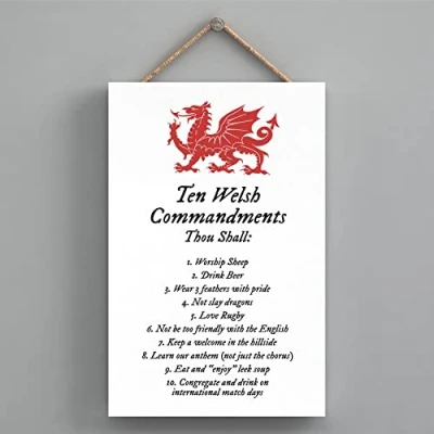 Image of Global Designs Ten Welsh Commandments Dragon Sign Decorative Hanging Wooden Plaque